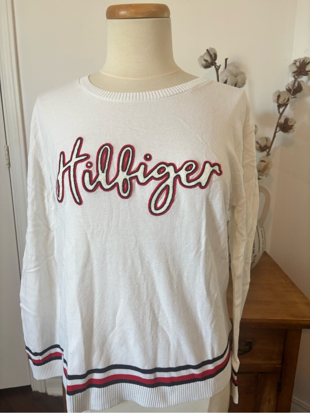 Tommy Hilfiger White Crewneck Sweater with Red & Navy Script
